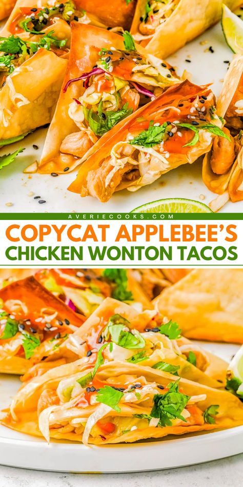 Copycat Applebee’s Chicken Wonton Tacos! This delicious game day recipe features a teriyaki chicken filling. Topped with sesame ginger coleslaw, these Asian chicken tacos with wonton shells are an easy football party food everyone will enjoy. Such a yummy appetizer! Wonton Chicken Tacos, Asian Tacos Chicken, Copycat Applebees Wonton Tacos, Applebees Wonton Tacos, Wonton Tacos Applebees, Applebee's Wonton Chicken Tacos Recipe, Copycat Applebee's Chicken Wonton Tacos, Applebees Chicken Wontons, Won Ton Tacos Applebees Chicken Wontons