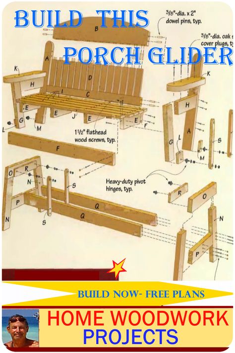 Build this delightful Rustic Porch Glider for your leisure time outside with sundowner drinks. The simplified design is perfect for Beginner Woodworkshop Artisan to the Professional Home Owner Business Woodworkshop. The design allows for easy fabrication and assembly. There are futher resources for 90 projects and 16,000 woodwork plans #woodworkshopprojects #woodworkshopprojectsthatsell #woodworkprojectsthatsell #beginnerwoodworkprojects Front Porch Glider, Porch Glider Plans, Wooden Bench Plans, Porch Glider, Woodworking Blueprints, Patio Glider, Woodworking Bench Plans, Rustic Porch, Small Woodworking Projects