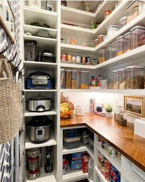 Home Pantry Ideas, Small Walk In Pantry, Pantry Organization Ideas Shelves, Home Pantry, Pantry Closet Design, Vintage Pantry, Pantry Layout, Kitchen Appliance Storage, Laundry Room/mud Room