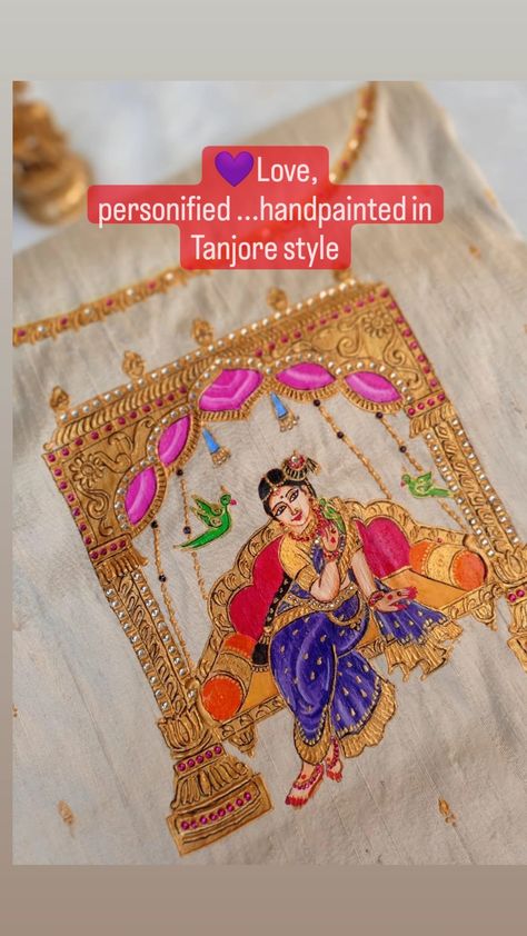 Tanjore painting on blouse Tanjore Painting Blouses, Tanjore Painting On Sarees, Tanjavur Painting On Blouse, Tanjore Painting On Blouses, Tanjore Painting On Fabric, Painting On Blouse, Painting Skirt, Painted Blouse, Accessory Illustration