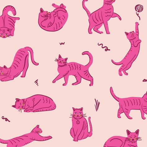 After working on my cat risograph print, I’ve decided to expand it into a pattern (and maybe a full collection). I’ve been inspired by the bold, bright colours of riso printing and also, of course, the many poses of my cat Jaffa. It’s fun to put them on mock-ups; I’d love to see these cats on socks. I’ve also done a toned down version, which makes the pattern have a completely different feel. Which is your favourite colourway? Bold pink or pale pink? #fabricdrawer #catpattern #catpatterns #... Pet Pattern Illustration, Cute Cat Print, Simple Cat Art, Cat Pattern Illustration, Cat Illustration Design, Sticker Reference, Graphic Animals, Pet Packaging, Riso Printing