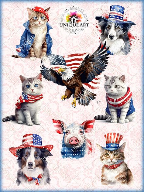 Patriotic Animals, Patriotic Watercolor, Patriotic Clipart, Social Media Designs, Art Factory, Website Designs, 4th July, Background Png, Watercolor Clipart