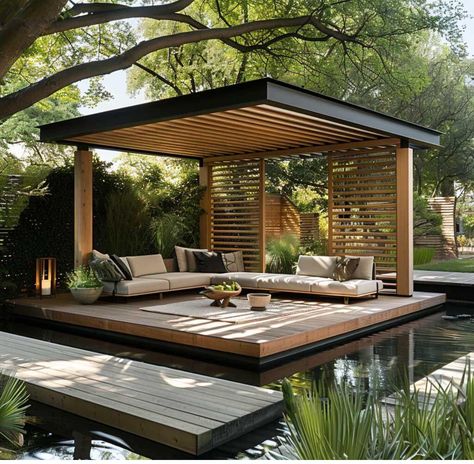 Gardens With Gazebos, Wooden Garden Ideas, Pool Terrace Design, Balcony Garden Inspiration, Wooden Patio Ideas, Balcony House Ideas, Pergola Designs Ideas, Exterior Pergola, Minimalist Terrace