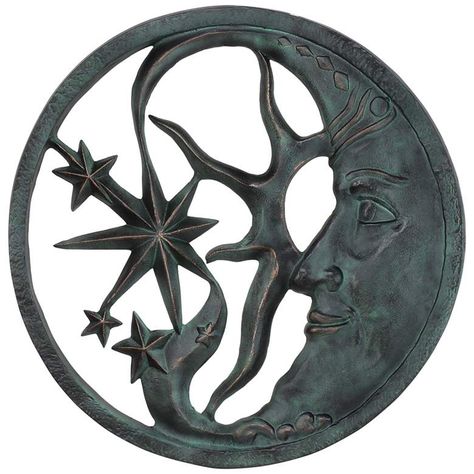 26 1/2" high x 26 1/2" wide x 1 1/2" deep. Weighs 12 lbs. Moon and stars plaque outdoor sculpture. Verdigris finish. Aluminum construction. Will not rust outdoors.  Add personality and charm to an outdoor wall with this metal plaque sculpture. Its round design features a face in a crescent moon with a scattering of stars and abstract sun. It's crafted in aluminum that won't rust and features a verdigris finish for aged dimensionality. Crescent Moon Face, Garden Wall Plaque, Nighttime Sky, Calm Meditation, Baby Room Lighting, Garden Plaques, Moon Face, Round Wall Art, Wall Art Plaques