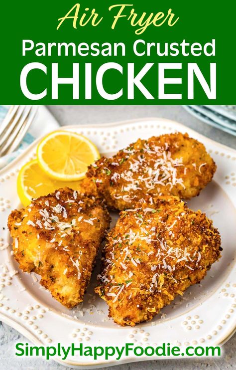 Air Fryer Parmesan Crusted Chicken is a simply delicious 30-minute meal. This parmesan and panko crusted chicken is crispy, moist and tasty. So easy to make flavorful chicken in the air fryer! easy air fryer chicken breasts simplyhappyfoodie.com Air Fryer Parmesan Crusted Chicken, Air Fryer Chicken Breasts, Milanesa Recipe, Farmhouse Cooking, Chicken In The Air Fryer, Chicken Breast Recipes Dinners, Simply Happy Foodie, Chicken Story, Panko Crusted Chicken