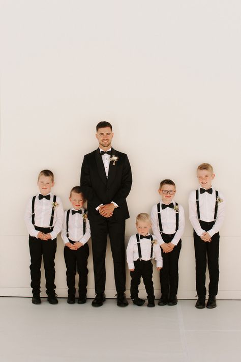 ring bearers in suspenders Ring Bearer Black Outfit, Black And White Ring Bearer Outfit, Ring Bearer Outfit Black, Ring Bearer Outfit Suspenders, 2023 Wedding Trends, Tiktok Views, Kids Wedding Outfits, Junior Groomsmen, Bhldn Bridesmaid