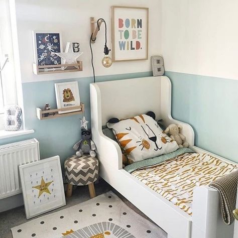 boy's room with mint green blue walls Toddler Boy Room Decor, Hack Ikea, Boy Toddler Bedroom, Toddler Room Decor, Decor Ikea, Toddler Boys Room, Ikea Bed, Playroom Design, Kids Room Inspiration