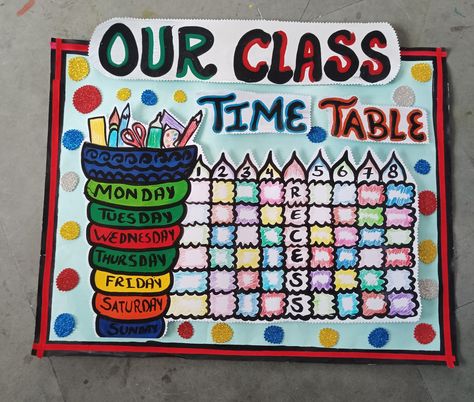 Elegant style & design simply work is the best Time Table Design, Time Table Chart, Board Classroom, Table Chart, Classroom Background, Holiday Homework, Kindergarten Learning Activities, Time Table, School Decor