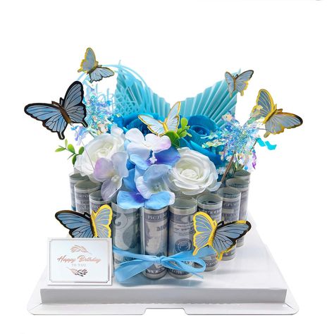 PRICES MAY VARY. 💐【What You Will Get】 The 1 Tier flower money cake set includes 20 Pcs of plastic tubes,1 Pcs of cake box,1 Pcs of sponge,1 Pcs of double-sided tape,1 Pcs of greeting card,1 Pcs of Birthday sign,2 Pcs of folding fan,2 Pcs of colorful rain silk decoration,3 Pcs of ribbons,11 Pcs of artificial flower，10 Pcs of butterflies,This exquisite fake cake gift box set is sure to make your gift stand out on any special occasion. 💐【Flower Money Cake】Do you want to surprise your friend gift Flower Money, Happy Birthday Day, Surprise Birthday Gifts, Event Giveaways, Money Flowers, Money Cake, Cake Gift, Birthday Bouquet, Flower Gift Ideas