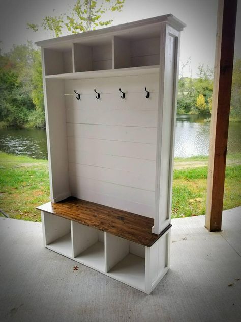 Diy Hall Tree, Farmhouse Hall Trees, Hall Tree With Bench, Hall Tree Storage Bench, Vstupná Hala, Hall Tree Bench, Hall Tree With Storage, Tree Bench, Mudroom Decor