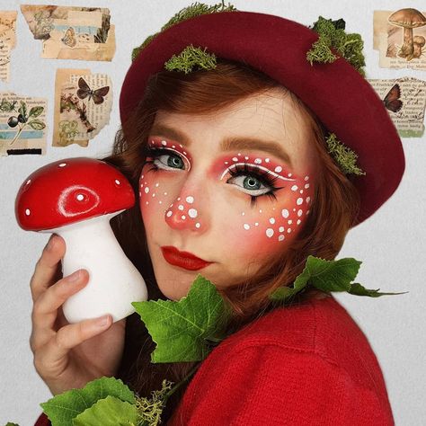 Cute Mushroom Makeup, Mushroom Makeup Tutorial, Mushroom Makeup Looks, Mushroom Costume Women, Gnome Makeup, Mushroom Fairy Makeup, Frankie Cosplay, Mushroom Items, Mushroom Makeup