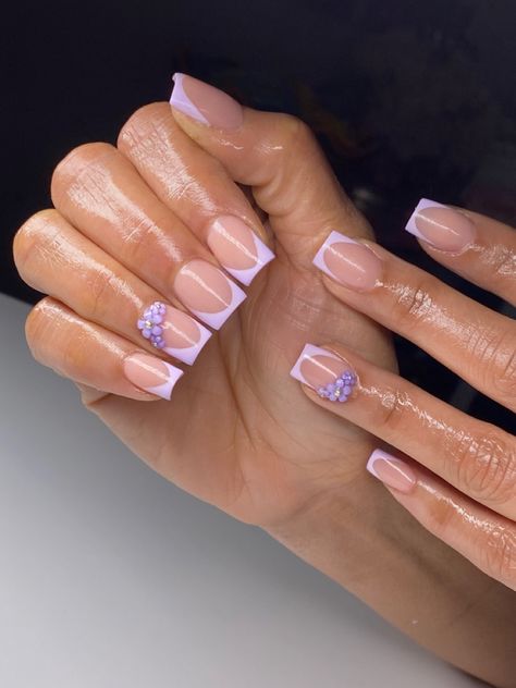 Short Lilac French Nails, Lavender Frenchies Nails, Short Square Lilac Nails, Simple Nail Extension Design Square, Short Square Nail Designs Purple, Light Purple French Tip Nails Short, Purple Tip Nails Square, French Nails With Purple Tips, Square Shape French Tip Nails