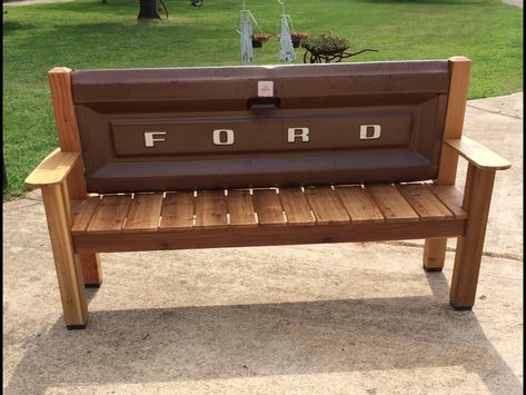 Tailgate Headboard, Truck Tailgate Bench, Tailgate Ideas, Tailgate Bench, Cedar Bench, Car Parts Decor, Headboard Benches, Making A Bench, Man Cave Room