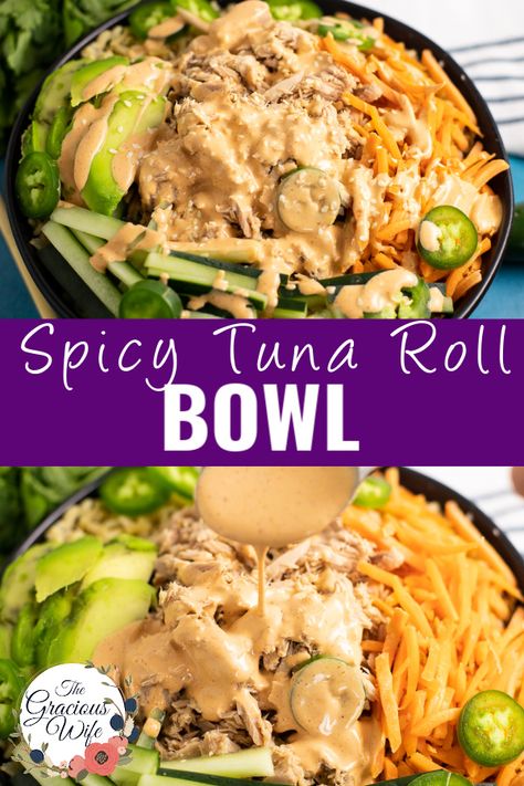 This Spicy Tuna Roll Bowl is inspired by a sushi favorite: spicy tuna rolls! It is so easy to make with all of the fixings of a spicy tuna roll, including tuna, cucumber, avocado, rice, and a spicy mayo dressing, all in the ease of one bowl! Tuna Sushi Bowl, Lunchable Ideas, Seafood Entree, Tuna Cucumber, Sushi Bowl Recipe, Tuna Roll, Light Lunches, Avocado Rice, Sushi Recipes Homemade