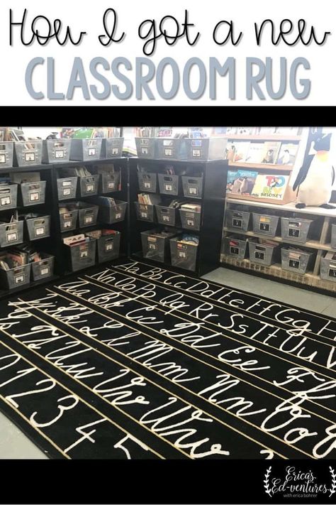 How I Got a New Classroom Rug, black and white classroom rug Teacher Rugs Classroom, Black And White Classroom Theme Ideas, Black Classroom Theme, Classroom Rug Ideas, Classroom Decor Black And White, Black And White Classroom Theme, Black White Classroom, Vintage Classroom Decor, Black And White Classroom Decor