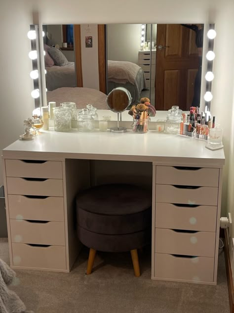 Alex Draw Desk, Ikea Alex Desk Bedroom, Ikea Light Mirror, Ikea Desk In Bedroom, Ikea Alex Dressing Table, Alex Desk Vanity, Make Up Stations In Bedroom, Ikea Make Up Table, Alex Ikea Desk