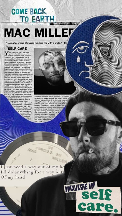 Created by ayahontheoffbeat on Shuffles Mac Miller Quotes, Mac Miller Tattoos, Nike Poster, Aesthetic Shuffles, Iphone Wallpaper Landscape, Music Collage, Moodboard Aesthetic, Rap Wallpaper, Mac Miller