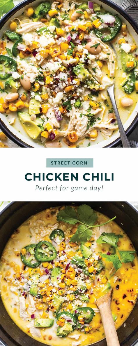 Corn Chicken Chili, Chili Base, Street Corn Chicken, White Chicken Chili Recipe, Fit Foodie Finds, Corn Chicken, Chicken Chili Recipe, Fit Foodie, Street Corn