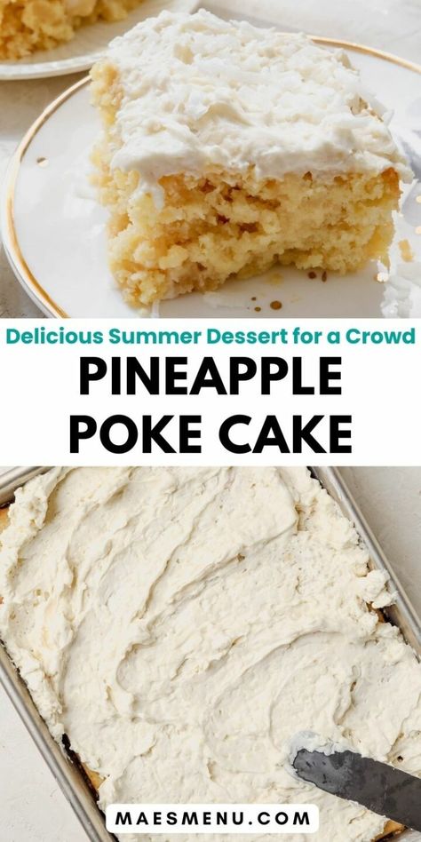 Try my indulgent tropical Pineapple Poke Cake (without jello!), the perfect sweet treat! With a moist pineapple upside-down cake texture, sweet pineapple syrup, and an easy coconut whipped cream topping, there's no beating this cake! This pineapple poke cake is simple to make and irresistibly delicious! Enjoy a taste of sunshine with this delicious pineapple poke cake. #pineapplepokecake Coconut Whipped Cream Frosting, Desserts Pineapple, Pineapple Poke Cake, Pineapple Upside Down Cake Recipe, Summer Desserts For A Crowd, Cake Texture, Coconut Poke Cakes, Box Cake Recipes, Cake Summer