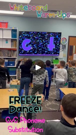 6.8K reactions · 2.8K shares | Turn that phonics lesson into a dance party!  🥳

This video is in the brain break section of the club.  Not a member?  Sign up at www.whiteboardwarmups.com | By Primary TechieFacebook Dance Games For Preschoolers, Dance Kindergarten Activities, Movement Songs For Elementary, Phonics Dance, K4 Classroom, 95% Group Phonics, Cvc Worksheets, Phonics Lessons, Brain Breaks