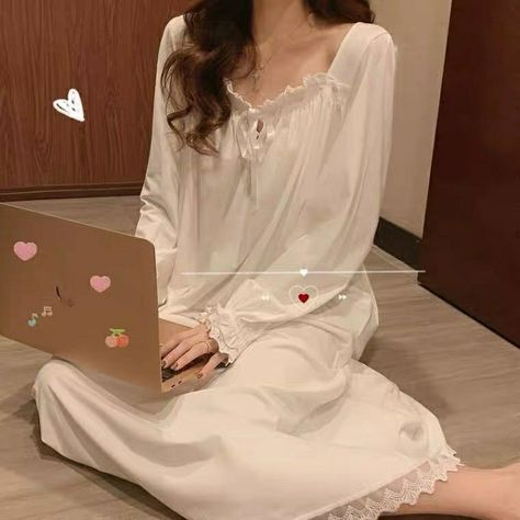 Sleep Gown Aesthetic, Sleeping Dresses, Normal Style, White Nightgown, Night Skirt, Cotton Nightgown, Sleepwear Dress, Princess Gown, Cotton Sleepwear