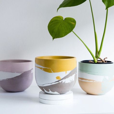 Handmade Concrete Planters, Tattoo Plant, Plant Pot Design, Plant Pot Diy, Painted Pots Diy, Concrete Planter, Cement Pots, Concrete Crafts, Concrete Pots