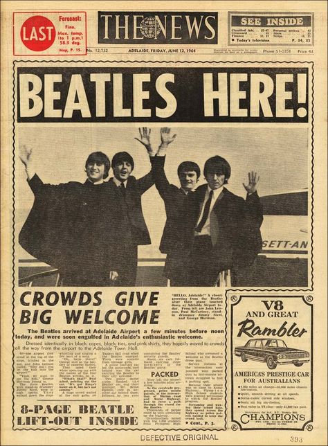 The Beatles   The Adelaide News (Australia)  June 12th 1964  Source    source source  Beatles Newspaper Clippings     The Beatles   KRLA BEAT  February 26th 1966       Beatles Newspaper Clippings Beatles Newspaper, The Beatles Live, With The Beatles, Newspaper Front Pages, Newspaper Clippings, Newspaper Headlines, Historical Newspaper, Vintage Newspaper, Headline News