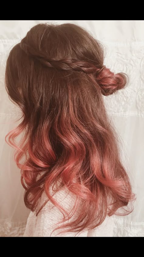 Ombre Dip Dye Hair, Red Hair With Pink Balayage, Summer Hair Balayage Brunettes, Dyeing The Ends Of The Hair, Light Pink Hair Ombre, Red Hair Pink Peekaboo, Brown And Peach Hair, Brown And Pink Hair Ombre, Light Brown Hair With Pink Tips