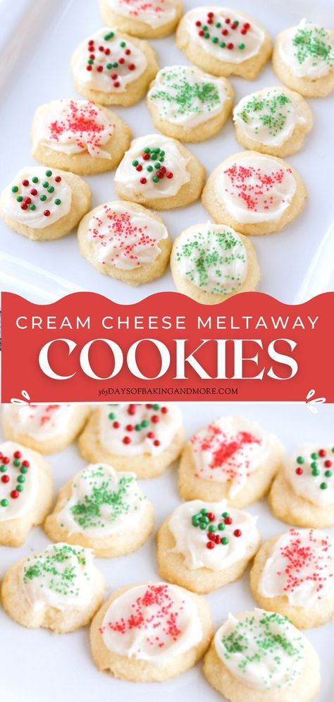 Cream Cheese Meltaways are soft butter cookies topped with cream cheese frosting. You only need a few minutes and a handful of ingredients to make these easy melt-in-your-mouth Christmas sugar cookies. Soft Butter Cookies, Cream Cheese Sugar Cookie Recipe, Cheese Cookies Recipe, Cream Cheese Cookie Recipe, Easy Holiday Cookies, Christmas Cookie Recipes Holiday, Cream Cheese Sugar Cookies, Christmas Baking Cookies, Christmas Baking Recipes