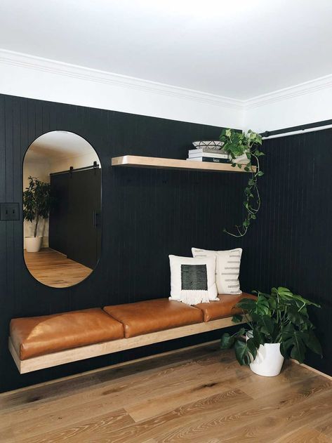 Moody Modern Entryway, Partition Entryway, Black Wall Entryway, Scandinavian Entryway, Entrance Ideas Entryway, Basement Lounge, Entry Nook, Accent Wall Entryway, Entrance Foyer Design