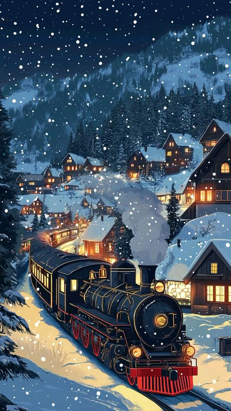 Steamtrain decorated for Christmas in winter wonderland - festive season with clear sky and starry night.  #christmas #steamtrain #winter #wonderland #festive #festiveseason #illustration Christmas Village Train, Starry Night Christmas, Harry Potter Wallpaper Backgrounds, Snow City, Winter Train, Winter Wallpapers, Instagram Feed Planner, Way Back Home, Adventure Aesthetic