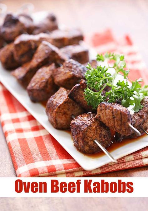 Tasty, well seasoned beef kabobs are made in the oven. Broiled just 3 minutes per side, they are ready fast - the ideal weeknight dinner.  via @healthyrecipes Beef Kabobs In Oven, Oven Kabobs, Vacation Recipes, Beef Kabob Recipes, Beef Kebabs, Top Sirloin, Steak Kabobs, Beef Kabobs, Beef Skewers