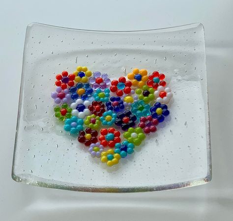 Fused Glass Dish With a Flower Heart - Etsy Hanging Craft Ideas, Fused Glass Panel, Fused Glass Dishes, Fused Glass Bowl, Fused Glass Plates, Glass Fusion Ideas, Fused Glass Artwork, Glass Fusing Projects, Hanging Craft