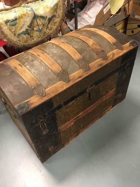 $150.....1800s Antique Steamer Camelback Hump Back Dome Trunk Stage Coach Storage Chest | #1845572164 Costume Chest Storage, Antique Trunk Restoration, Trunk Restoration, Hump Back, Antique Trunks, Antique Steamer Trunk, Vintage Lampshades, Stage Coach, Diy Tiny House