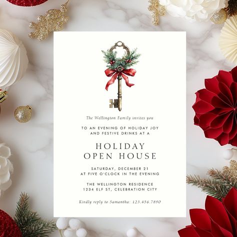 Holiday Open House Festive Key Christmas Party Invitation Elegant Christmas Party Invitations, Open House Party, Elegant Christmas Party, Open House Parties, Holiday Open House, Christmas Address Labels, Holiday Party Favors, Christmas Party Invitation, Festive Drinks