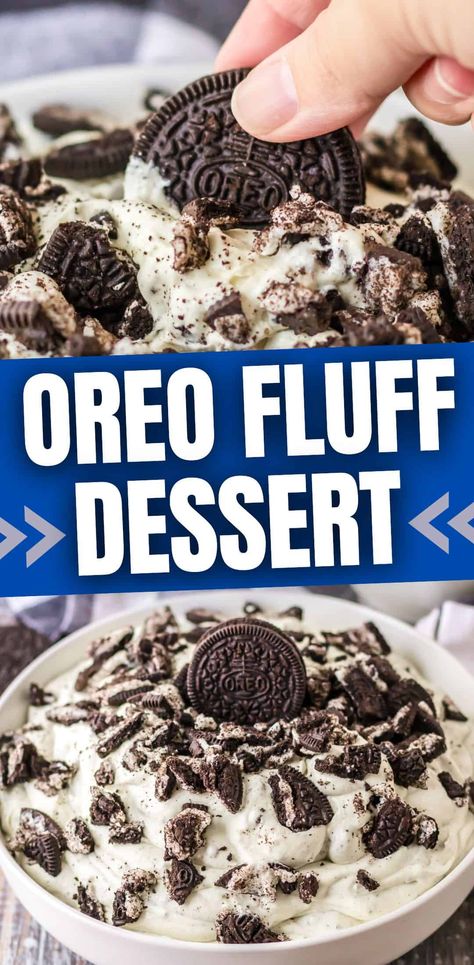 Oreo Fluff is such an easy and delicious dessert! Just 4 Ingredients make up this rich family favorite. A perfect dessert for dipping fruit in or just enjoying as is! Oreo Surprise Dessert, Dirt Salad, Easy Oreo Fluff Dessert, Oreo Fluff For A Crowd, Healthy Oreo Fluff, Oreo Fluff Dessert Cool Whip, Cool Whip And Oreo Dessert, Oreo Whip Cream Dessert, Oreo Fluff Dessert Cool Whip Easy