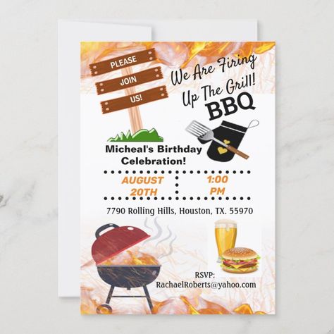 Firing Up The Grill Birthday Barbecue Invitation - Great Barbecue Birthday Barbecue, Barbecue Invitation, Burger Party, Grilling Menu, The Grill, Menu Design, Hat Crafts, Gaming Wall Art, Birthday Celebration