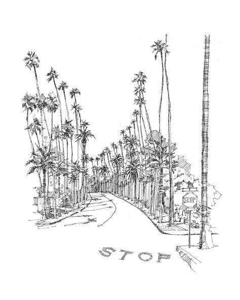 Beverly Hills Palm Tree Lined Street was drawn en plein air (on location) in Beverly Hills and features the towering palms that are symbolic of Los Angeles. Beverly Hills Palm Tree Lined Street plein air drawing print makes a meaningful addition to a home or office for anyone with a special connection to this special area of Los Angeles or for a travel gift from Beverly Hills. The drawing also works well paired with other prints from the Los Angeles series as a gallery wall. All drawings are sca Beverly Hills Art, Palm Tree Sketch, Forest Forearm Tattoo, Los Angeles Palm Trees, Tree Lined Street, La Travel, Palm Tree Drawing, California Palm Trees, Street Tattoo