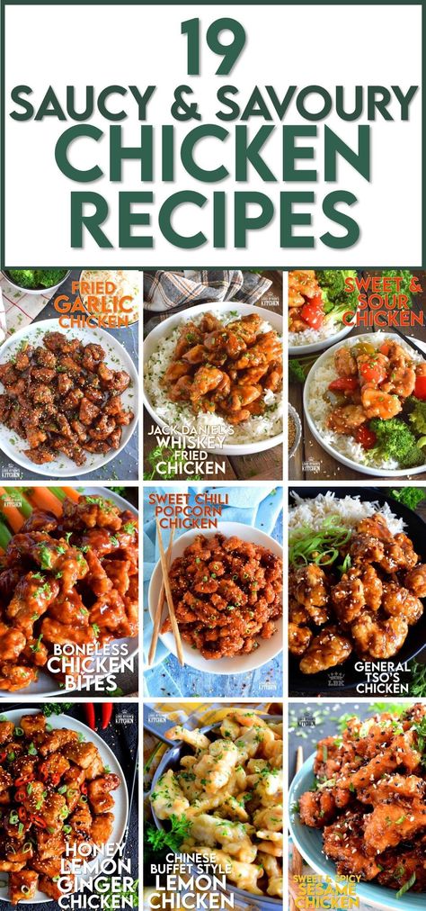 Whether you like sweet, salty, or spicy, this collection of 19 Saucy and Savoury Chicken Recipes is where you will find creative ways to prepare chicken so that you don't have to eat boring and dry chicken ever again! The one thing that all of these recipes have in common is sauce. Sometimes the chicken is dripping with sauce, and other times it's just a light coating. #chicken #collection #roundup #asian #saucy #copycat Saucy Chicken Recipes, Ways To Prepare Chicken, Garlic Fried Chicken, Saucy Chicken, Sweet Chili Chicken, Chicken Kitchen, Homemade Sauce Recipes, Easy Chicken Dinner Recipes, Popcorn Chicken