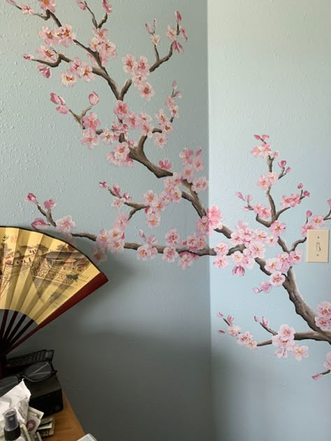 Cherry Blossom Mural Bedroom, Cherry Blossom Tree Wall Mural, Ideas For Wall Painting Bedrooms, Cherry Blossom Tree Wall Painting, Cherry Blossom Mural Painting, Chinese Mural Art, Cherry Blossom On Wall, Cherry Blossom Painting On Wall, Sakura Wall Painting