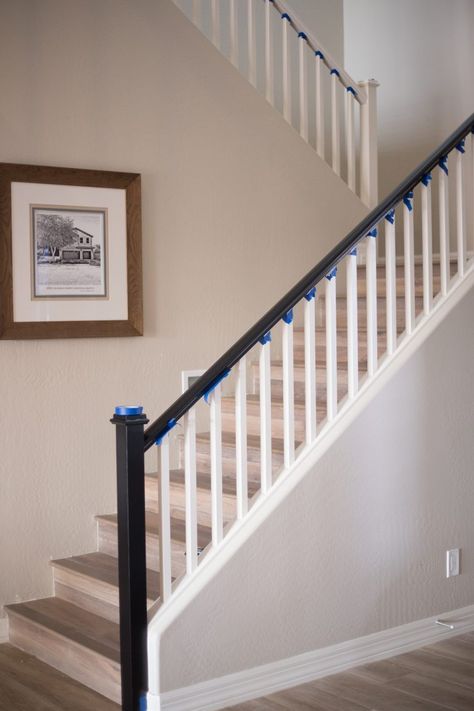 The Best Way to Paint your Stair Rails Black | Just Destiny Staircase Painting, Painted Stair Railings, Railing Makeover, Painted Staircase, Indoor Stair Railing, Stairs Black, Black Stair Railing, Wood Railings For Stairs, Stair Railing Makeover