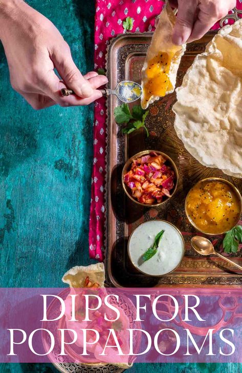 Various dips for poppadoms in snall bowls on a gold tray, surrounded by poppadoms. Indian Dips For Poppadoms, Poppadoms Dips, Indian Condiments, Indian Dips, Indian Night, Creamy Dipping Sauce, Indian Sauces, Sunshine Food, Diwali Recipes