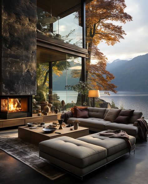 Luxury Nordic lakeside home design concepts🖤✨We help design spaces for clients worldwide, find out more on our website, link in bio! #interiordesign #interior Forest Luxury Home, Luxury Aframe Cabin, Industrial Loft Design, Zen Interiors, Instagram Luxury, Bali House, Bloxburg House, Loft Design, Commercial Interior Design