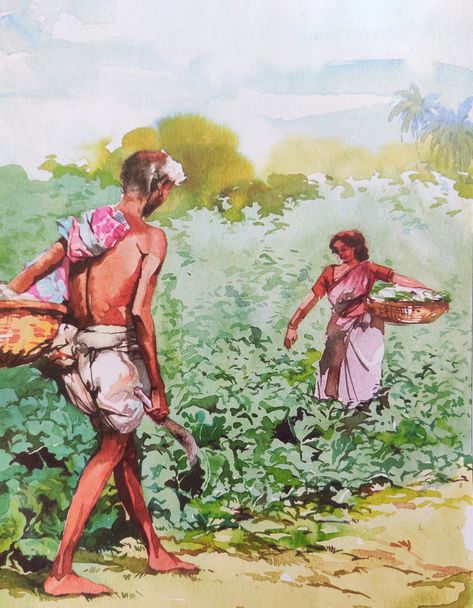 Watercolour painting of Indian villagers life they are farmers Indian Farmer Painting, Village Farmer Painting, Caribbean Paintings, Hindu Aesthetics, Telugu Kathalu, Farmer Painting, Watercolor Indian, Memory Drawing, Metallica Art