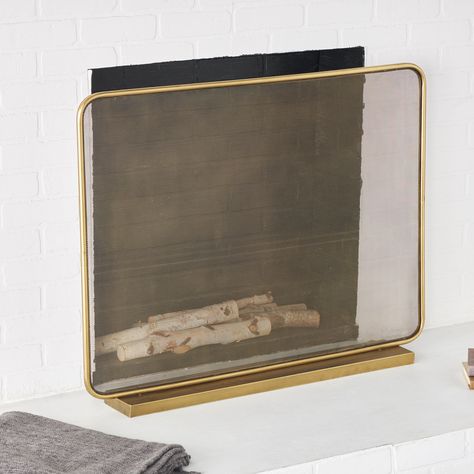 Gold Metal 1 Panel Geometric Fireplace Screen with Rounded Edges and Rectangular Base - Bed Bath & Beyond - 40024686 Brass Fireplace Screen Makeover, Inside Fireplace Decor Ideas, Geometric Fireplace, Crate And Barrel Fireplace Screen, Fireplace Screen Ideas, Midcentury Fireplace, Extra Wide Fireplace Screen, Brass Fireplace Screens, Modern Fireplace Screen