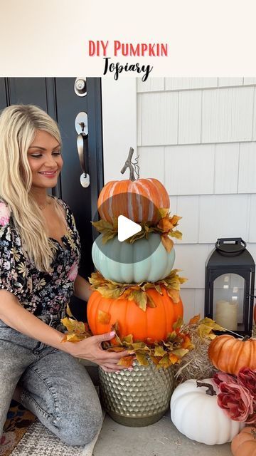 Cherish Larsen - Seasonal/Holiday Favorites! on Instagram: "DIY Pumpkin Topiary 🍂🧡🎃

One of my favorites to create and add to the porch for fall!! If you’re like me, and LOVE pumpkins.. make a pumpkin topiary or two! All you need are some carve able pumpkins, hot glue, faux fall stems, and a planter! 

-little tip. Before gluing your fall stems to the pumpkins, use some clear tape to secure them so its easier to glue! You can remove the tape after if it’s showing! Easy & so fun!! 

Follow my shop @cherish.larsen on the @shop.LTK app to shop this post and get my exclusive app-only content!" How To Make Pumpkin Topiary, Fall Green Decor, Fall Topiary Diy, Cherish Larsen, Pumpkin Topiary Diy, Fall Topiaries, Harvest Ideas, Fall Stems, Fall Floral Centerpieces