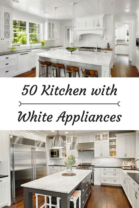 Sleek and sophisticated is the best way to describe kitchens with white appliances. #white #kitchen #appliances Kitchens With White Appliances, Appliances White, Kitchen Examples, White Refrigerator, White Kitchen Appliances, White Fridges, Kitchen Appliance Storage, Kitchen Technology, Outdoor Kitchen Appliances