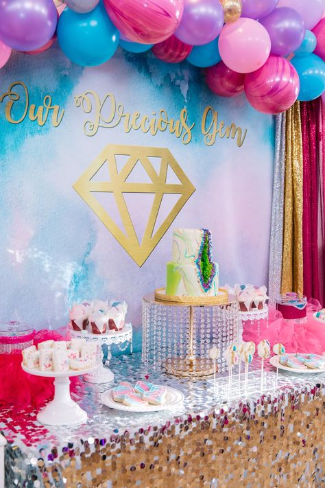 Gem geode cake, geode cake pops, gem cupcakes, gem cookies, gem Rice Krispies treats, gem Oreos. Geode Birthday Party Decorations, Diamonds Are Four Ever Birthday, She’s A Gem Birthday Party, Gem Themed Party, Bejeweled Birthday Party, Gem Cupcakes, Geode Cake Pops, Decrepit House, Gem Birthday Party