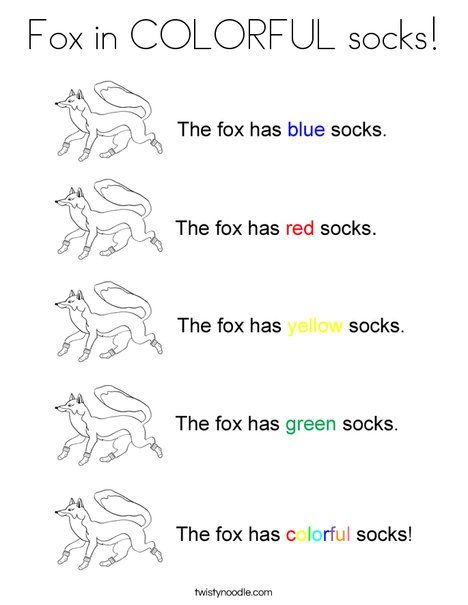 Fox in COLORFUL socks Coloring Page - Twisty Noodle Socks Coloring Page, Fox For Kids, Dr Seuss Fox In Socks, Socks Printable, Fox In Socks, Dr Seuss Preschool, Dr Seuss Classroom, Dr Seuss Activities, Dr Seuss Crafts