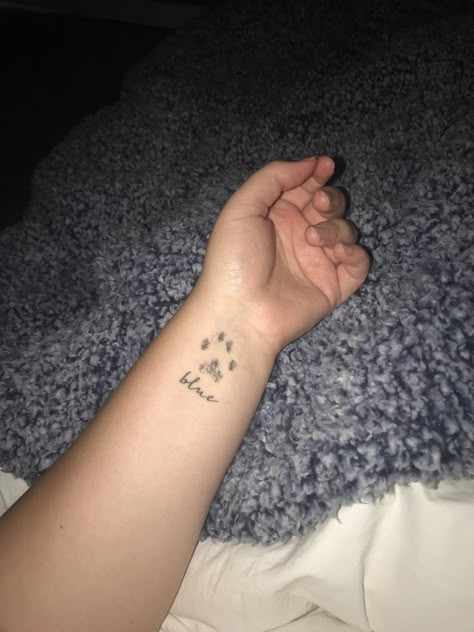 Small memorial tattoo for my sweet Blue that passed away. Its his actual paw print! Passed Pets Tattoos, Nala Tattoo Name, Pet Paw Print Tattoos, Tattoo For Passed Cat, Late Pet Tattoo, Paw Print Tattoo Cat Memories, Cat Tattoo In Memory, Meaningful Pet Tattoos, Tattoo Ideas For Animals That Passed